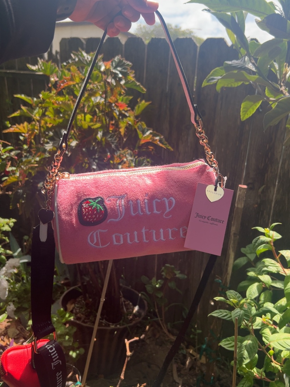 Juicy Couture Pink Velvet Strawberry Crossbody Bag with Gold Hardware